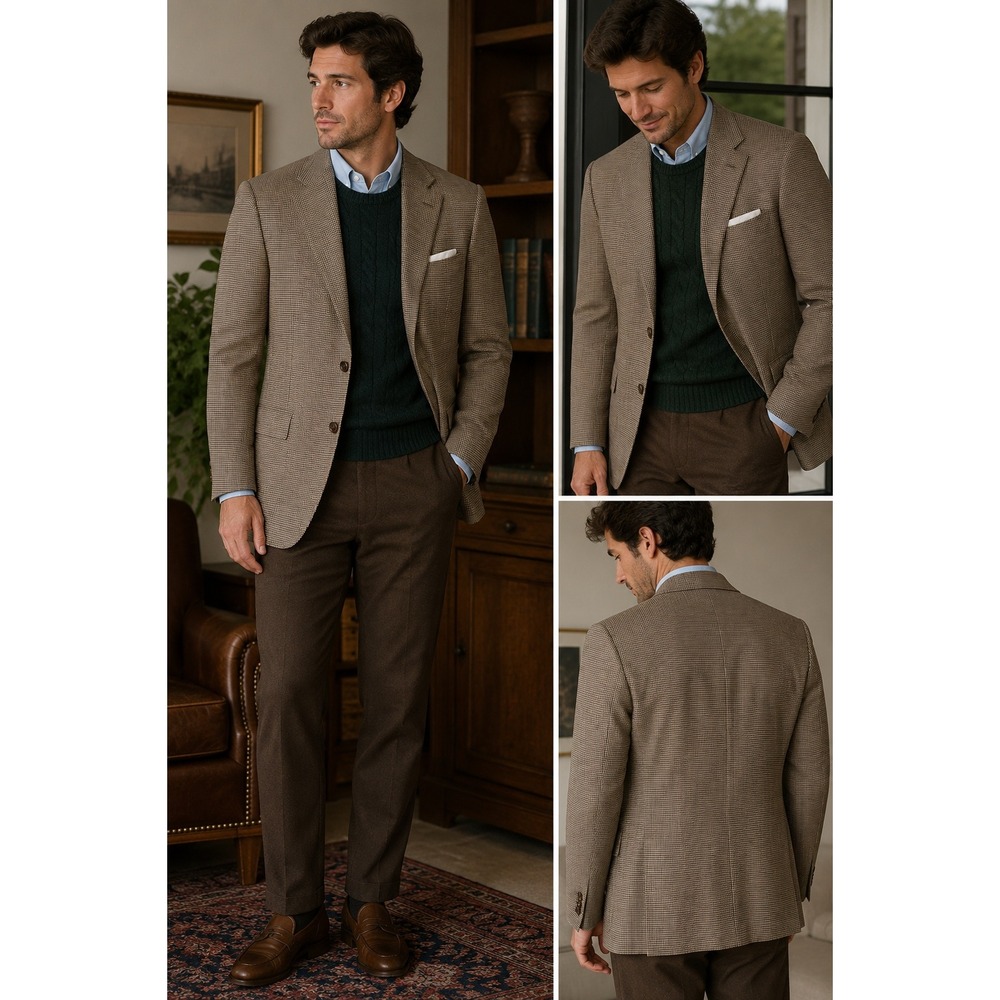 Mens Austin Reed London for Belk Vintage 40R Silk Wool Houndstooth Blazer Tan